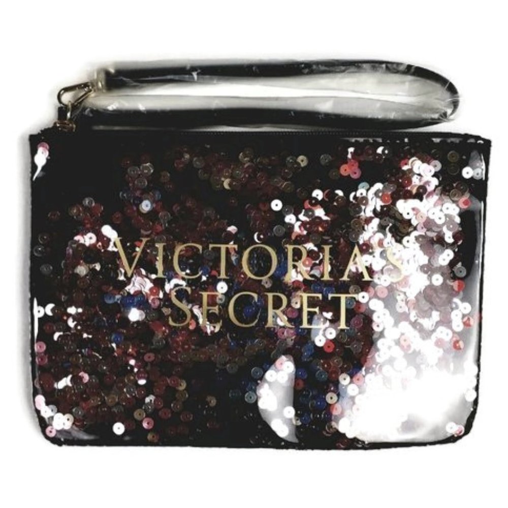 Victorias Secret Sequin Filled Mini Makeup Cosmetic Bag Wristlet Clutch NWOT